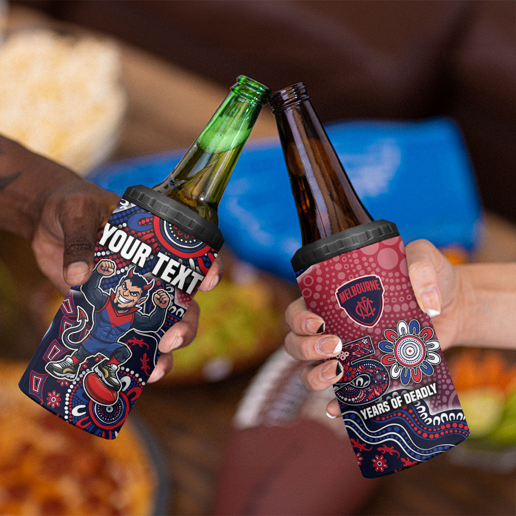 Personalized Melbourne Demons Football Mascot 4 in 1 Can Cooler Tumbler Aboriginal Dot Art Style Vibrant Indigenous Pattern Design