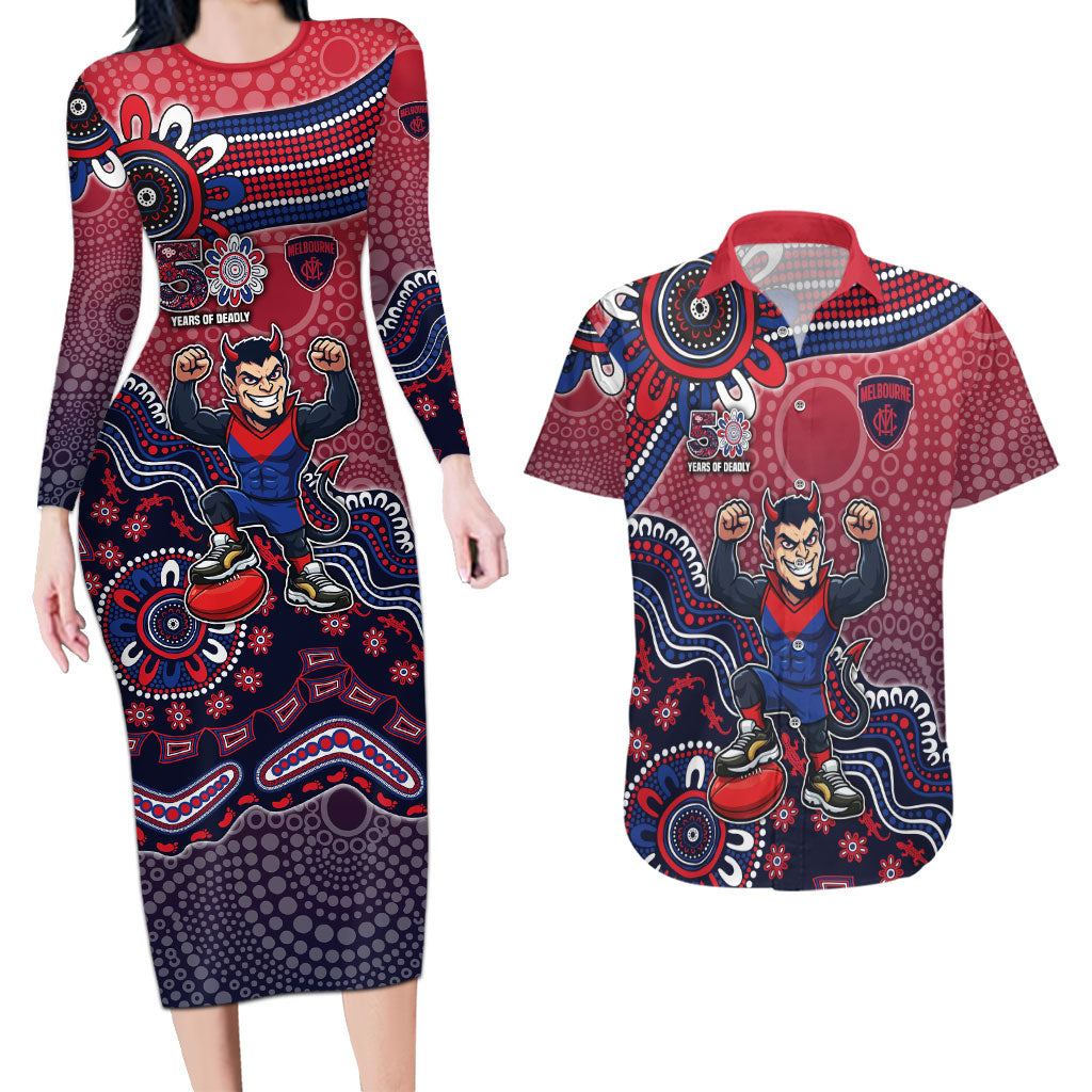 Personalized Melbourne Demons Football Mascot Couples Matching Long Sleeve Bodycon Dress and Hawaiian Shirt Aboriginal Dot Art Style Vibrant Indigenous Pattern Design