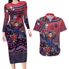 Personalized Melbourne Demons Football Mascot Couples Matching Long Sleeve Bodycon Dress and Hawaiian Shirt Aboriginal Dot Art Style Vibrant Indigenous Pattern Design