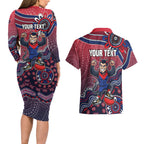 Personalized Melbourne Demons Football Mascot Couples Matching Long Sleeve Bodycon Dress and Hawaiian Shirt Aboriginal Dot Art Style Vibrant Indigenous Pattern Design