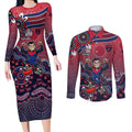 Personalized Melbourne Demons Football Mascot Couples Matching Long Sleeve Bodycon Dress and Long Sleeve Button Shirt Aboriginal Dot Art Style Vibrant Indigenous Pattern Design