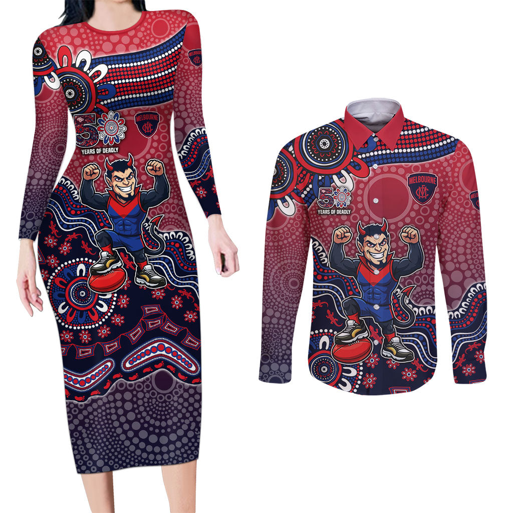 Personalized Melbourne Demons Football Mascot Couples Matching Long Sleeve Bodycon Dress and Long Sleeve Button Shirt Aboriginal Dot Art Style Vibrant Indigenous Pattern Design