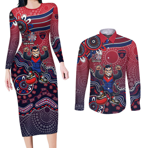 Personalized Melbourne Demons Football Mascot Couples Matching Long Sleeve Bodycon Dress and Long Sleeve Button Shirt Aboriginal Dot Art Style Vibrant Indigenous Pattern Design