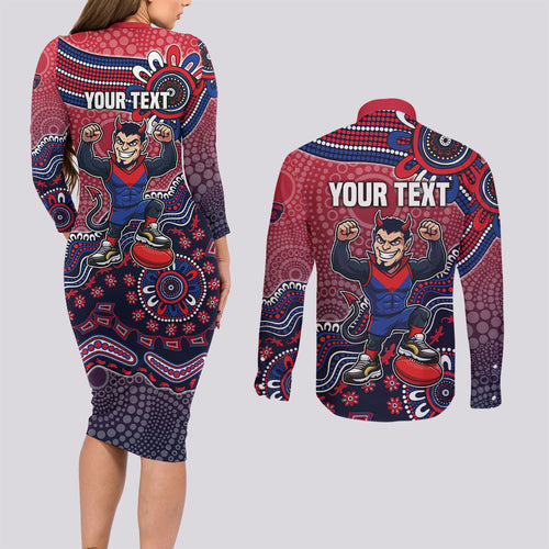 Personalized Melbourne Demons Football Mascot Couples Matching Long Sleeve Bodycon Dress and Long Sleeve Button Shirt Aboriginal Dot Art Style Vibrant Indigenous Pattern Design