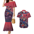 Personalized Melbourne Demons Football Mascot Couples Matching Mermaid Dress and Hawaiian Shirt Aboriginal Dot Art Style Vibrant Indigenous Pattern Design