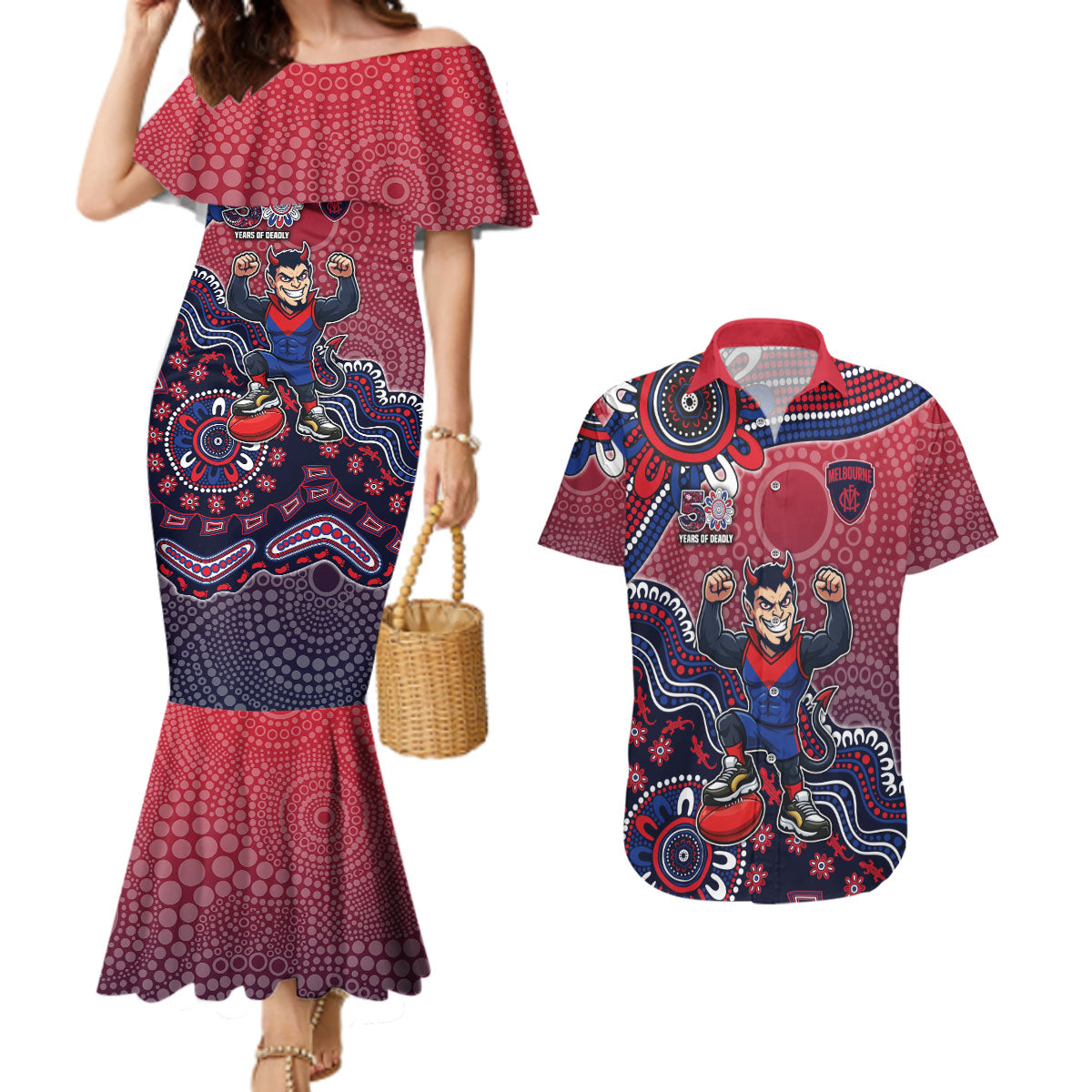 Personalized Melbourne Demons Football Mascot Couples Matching Mermaid Dress and Hawaiian Shirt Aboriginal Dot Art Style Vibrant Indigenous Pattern Design
