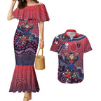 Personalized Melbourne Demons Football Mascot Couples Matching Mermaid Dress and Hawaiian Shirt Aboriginal Dot Art Style Vibrant Indigenous Pattern Design