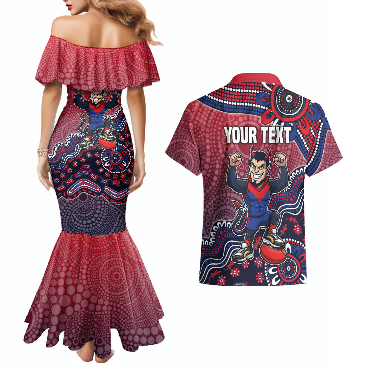 Personalized Melbourne Demons Football Mascot Couples Matching Mermaid Dress and Hawaiian Shirt Aboriginal Dot Art Style Vibrant Indigenous Pattern Design