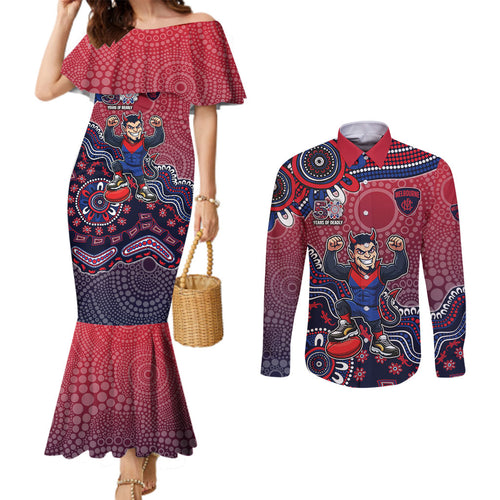 Personalized Melbourne Demons Football Mascot Couples Matching Mermaid Dress and Long Sleeve Button Shirt Aboriginal Dot Art Style Vibrant Indigenous Pattern Design