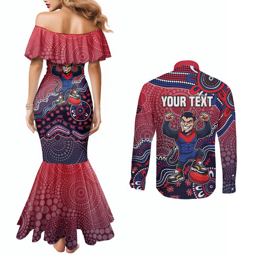 Personalized Melbourne Demons Football Mascot Couples Matching Mermaid Dress and Long Sleeve Button Shirt Aboriginal Dot Art Style Vibrant Indigenous Pattern Design