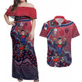 Personalized Melbourne Demons Football Mascot Couples Matching Off Shoulder Maxi Dress and Hawaiian Shirt Aboriginal Dot Art Style Vibrant Indigenous Pattern Design