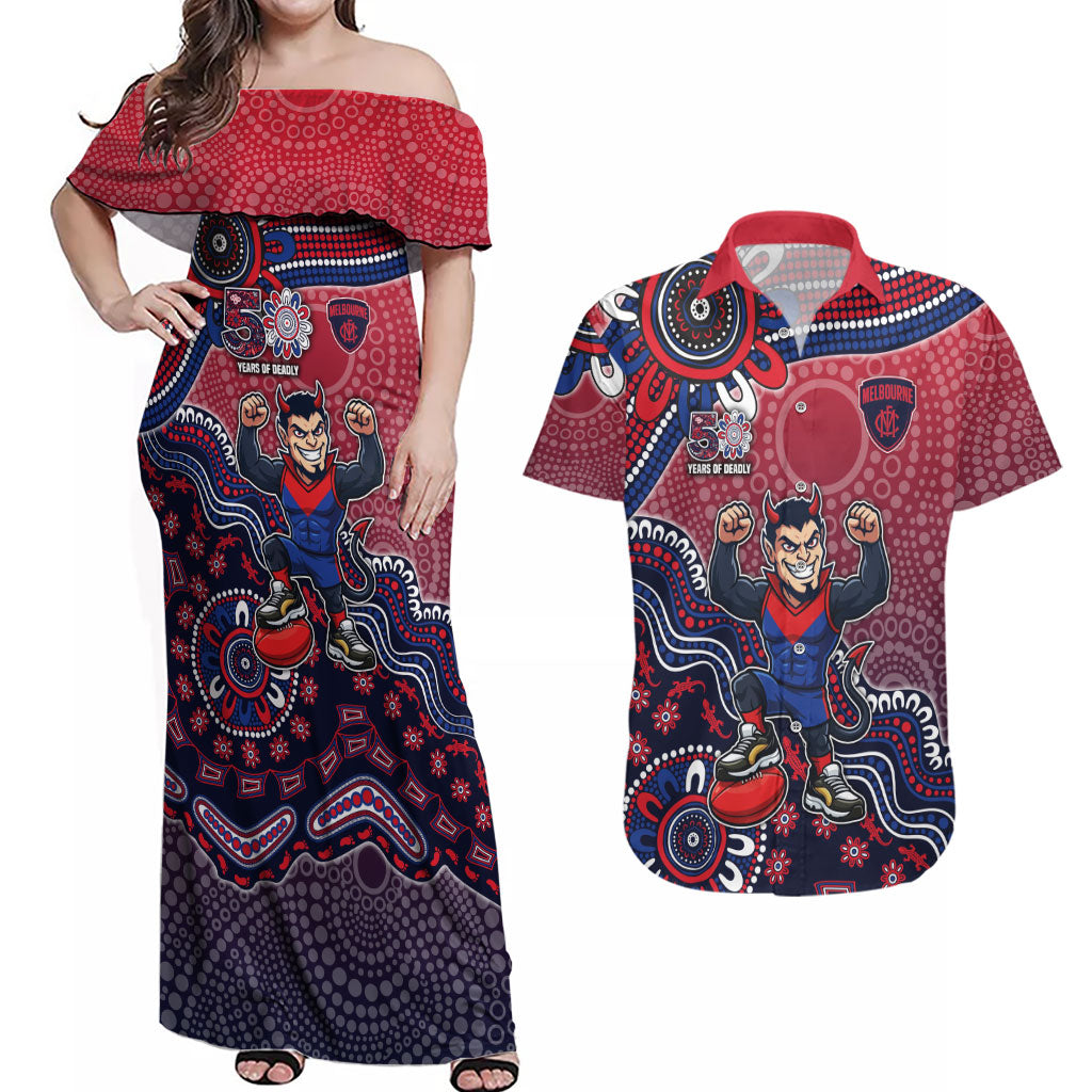 Personalized Melbourne Demons Football Mascot Couples Matching Off Shoulder Maxi Dress and Hawaiian Shirt Aboriginal Dot Art Style Vibrant Indigenous Pattern Design