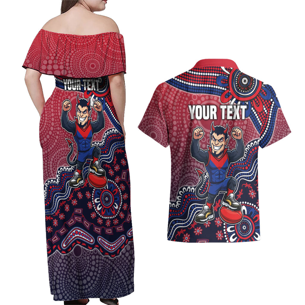 Personalized Melbourne Demons Football Mascot Couples Matching Off Shoulder Maxi Dress and Hawaiian Shirt Aboriginal Dot Art Style Vibrant Indigenous Pattern Design