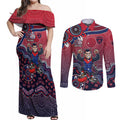 Personalized Melbourne Demons Football Mascot Couples Matching Off Shoulder Maxi Dress and Long Sleeve Button Shirt Aboriginal Dot Art Style Vibrant Indigenous Pattern Design