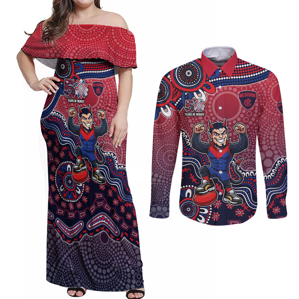 Personalized Melbourne Demons Football Mascot Couples Matching Off Shoulder Maxi Dress and Long Sleeve Button Shirt Aboriginal Dot Art Style Vibrant Indigenous Pattern Design