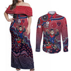 Personalized Melbourne Demons Football Mascot Couples Matching Off Shoulder Maxi Dress and Long Sleeve Button Shirt Aboriginal Dot Art Style Vibrant Indigenous Pattern Design