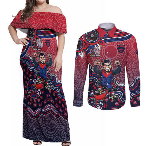 Personalized Melbourne Demons Football Mascot Couples Matching Off Shoulder Maxi Dress and Long Sleeve Button Shirt Aboriginal Dot Art Style Vibrant Indigenous Pattern Design