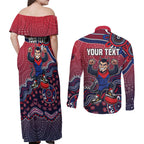 Personalized Melbourne Demons Football Mascot Couples Matching Off Shoulder Maxi Dress and Long Sleeve Button Shirt Aboriginal Dot Art Style Vibrant Indigenous Pattern Design