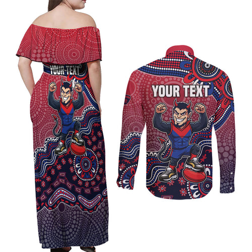 Personalized Melbourne Demons Football Mascot Couples Matching Off Shoulder Maxi Dress and Long Sleeve Button Shirt Aboriginal Dot Art Style Vibrant Indigenous Pattern Design