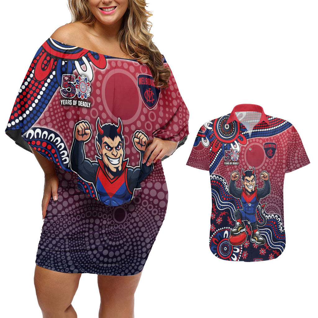 Personalized Melbourne Demons Football Mascot Couples Matching Off Shoulder Short Dress and Hawaiian Shirt Aboriginal Dot Art Style Vibrant Indigenous Pattern Design