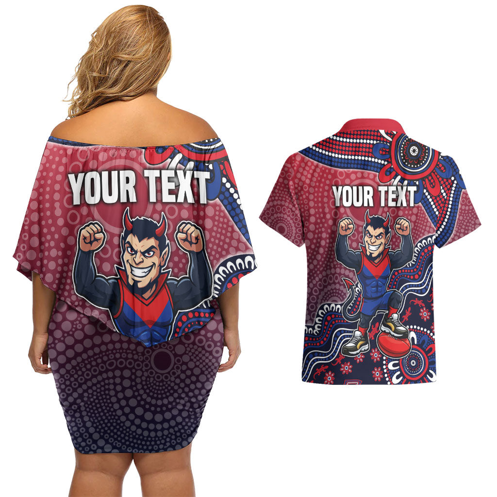 Personalized Melbourne Demons Football Mascot Couples Matching Off Shoulder Short Dress and Hawaiian Shirt Aboriginal Dot Art Style Vibrant Indigenous Pattern Design