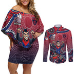 Personalized Melbourne Demons Football Mascot Couples Matching Off Shoulder Short Dress and Long Sleeve Button Shirt Aboriginal Dot Art Style Vibrant Indigenous Pattern Design