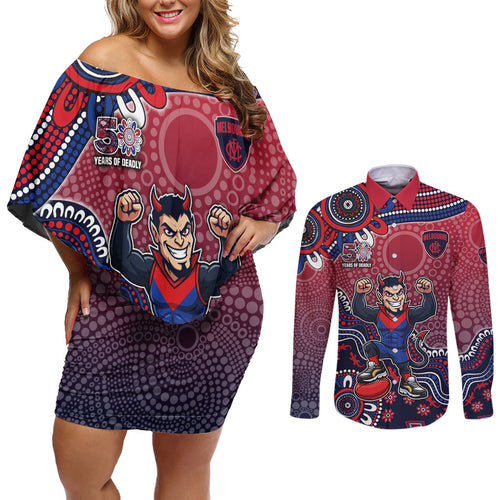 Personalized Melbourne Demons Football Mascot Couples Matching Off Shoulder Short Dress and Long Sleeve Button Shirt Aboriginal Dot Art Style Vibrant Indigenous Pattern Design