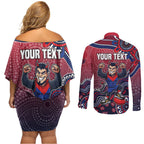 Personalized Melbourne Demons Football Mascot Couples Matching Off Shoulder Short Dress and Long Sleeve Button Shirt Aboriginal Dot Art Style Vibrant Indigenous Pattern Design
