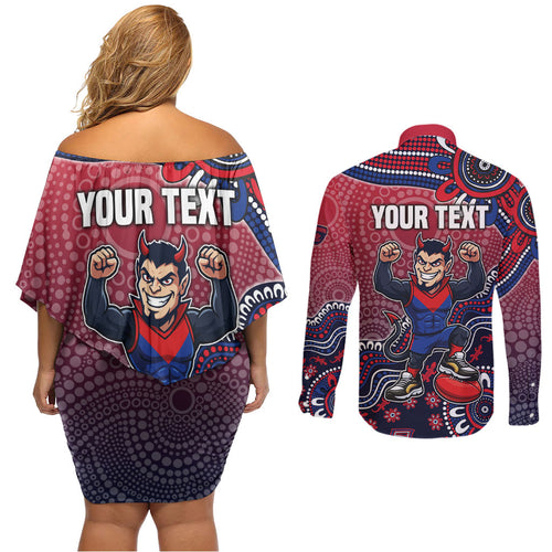 Personalized Melbourne Demons Football Mascot Couples Matching Off Shoulder Short Dress and Long Sleeve Button Shirt Aboriginal Dot Art Style Vibrant Indigenous Pattern Design