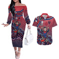 Personalized Melbourne Demons Football Mascot Couples Matching Off The Shoulder Long Sleeve Dress and Hawaiian Shirt Aboriginal Dot Art Style Vibrant Indigenous Pattern Design