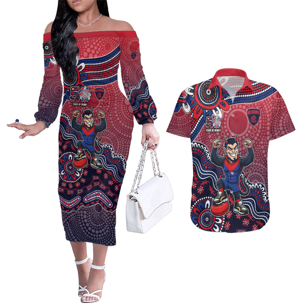 Personalized Melbourne Demons Football Mascot Couples Matching Off The Shoulder Long Sleeve Dress and Hawaiian Shirt Aboriginal Dot Art Style Vibrant Indigenous Pattern Design
