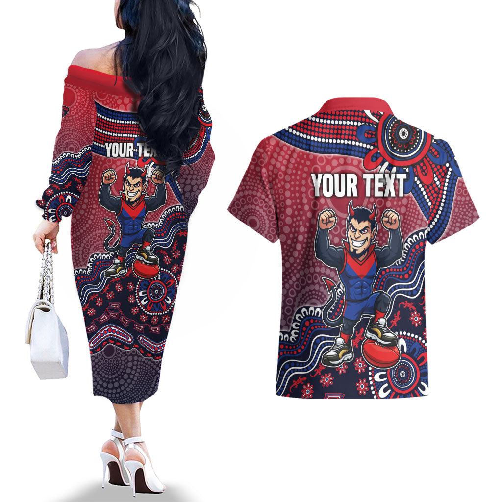 Personalized Melbourne Demons Football Mascot Couples Matching Off The Shoulder Long Sleeve Dress and Hawaiian Shirt Aboriginal Dot Art Style Vibrant Indigenous Pattern Design