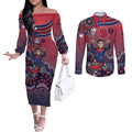 Personalized Melbourne Demons Football Mascot Couples Matching Off The Shoulder Long Sleeve Dress and Long Sleeve Button Shirt Aboriginal Dot Art Style Vibrant Indigenous Pattern Design