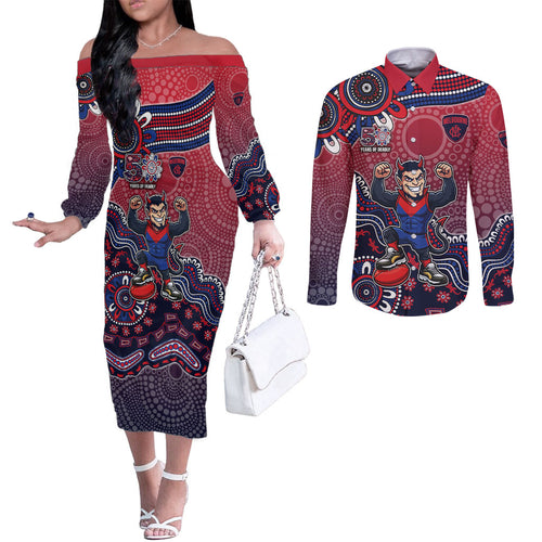 Personalized Melbourne Demons Football Mascot Couples Matching Off The Shoulder Long Sleeve Dress and Long Sleeve Button Shirt Aboriginal Dot Art Style Vibrant Indigenous Pattern Design