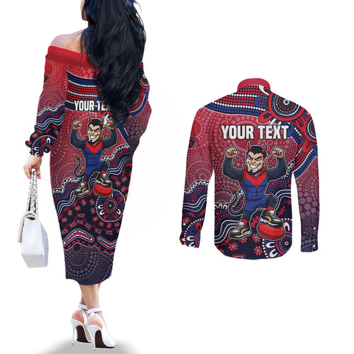 Personalized Melbourne Demons Football Mascot Couples Matching Off The Shoulder Long Sleeve Dress and Long Sleeve Button Shirt Aboriginal Dot Art Style Vibrant Indigenous Pattern Design