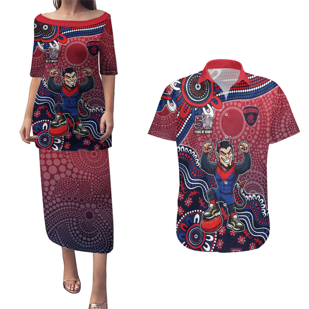 Personalized Melbourne Demons Football Mascot Couples Matching Puletasi and Hawaiian Shirt Aboriginal Dot Art Style Vibrant Indigenous Pattern Design