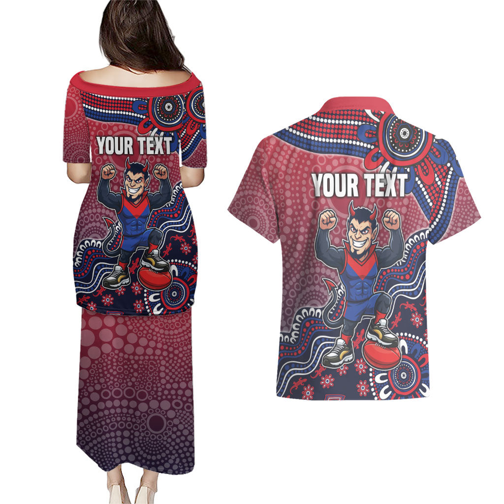 Personalized Melbourne Demons Football Mascot Couples Matching Puletasi and Hawaiian Shirt Aboriginal Dot Art Style Vibrant Indigenous Pattern Design