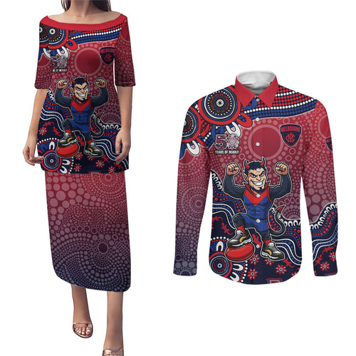 Personalized Melbourne Demons Football Mascot Couples Matching Puletasi and Long Sleeve Button Shirt Aboriginal Dot Art Style Vibrant Indigenous Pattern Design