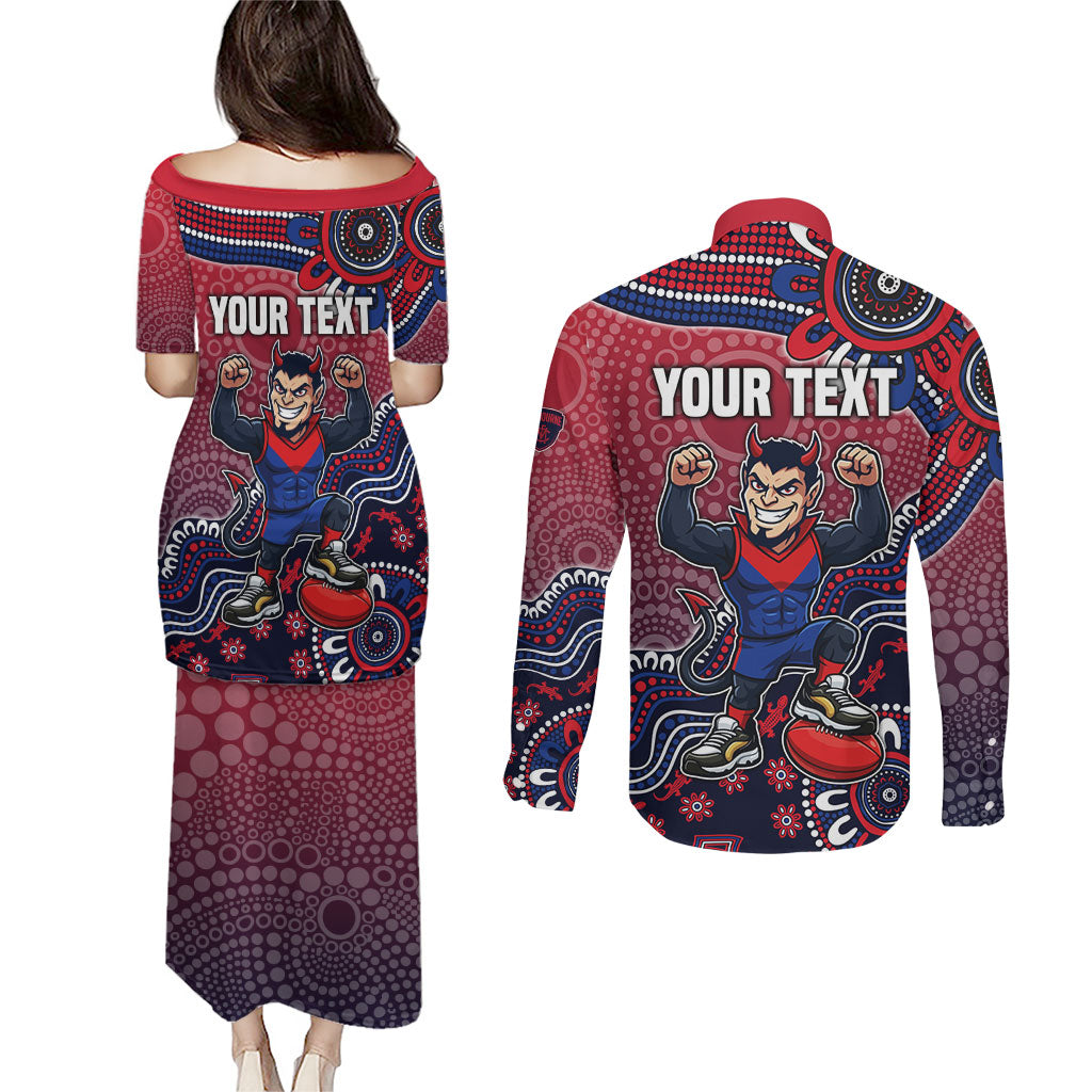 Personalized Melbourne Demons Football Mascot Couples Matching Puletasi and Long Sleeve Button Shirt Aboriginal Dot Art Style Vibrant Indigenous Pattern Design