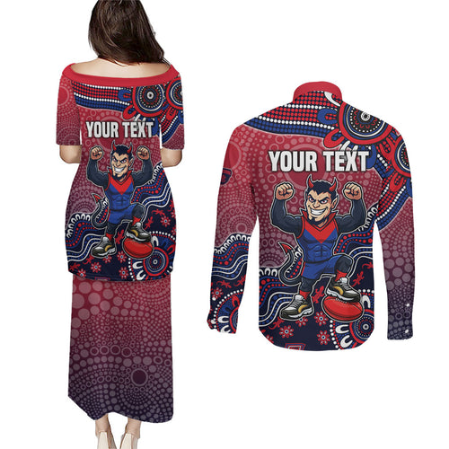 Personalized Melbourne Demons Football Mascot Couples Matching Puletasi and Long Sleeve Button Shirt Aboriginal Dot Art Style Vibrant Indigenous Pattern Design