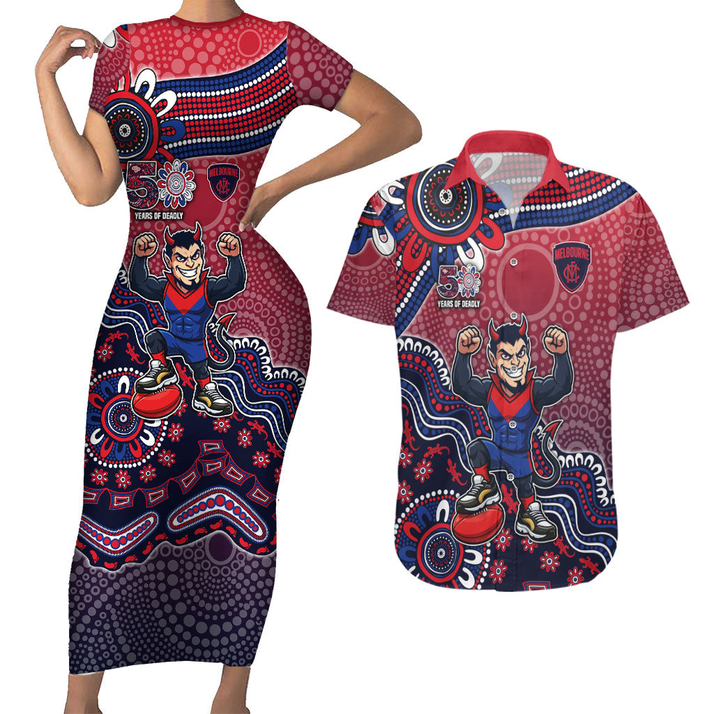 Personalized Melbourne Demons Football Mascot Couples Matching Short Sleeve Bodycon Dress and Hawaiian Shirt Aboriginal Dot Art Style Vibrant Indigenous Pattern Design