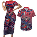 Personalized Melbourne Demons Football Mascot Couples Matching Short Sleeve Bodycon Dress and Hawaiian Shirt Aboriginal Dot Art Style Vibrant Indigenous Pattern Design