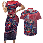 Personalized Melbourne Demons Football Mascot Couples Matching Short Sleeve Bodycon Dress and Hawaiian Shirt Aboriginal Dot Art Style Vibrant Indigenous Pattern Design
