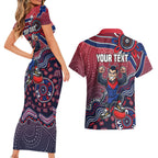Personalized Melbourne Demons Football Mascot Couples Matching Short Sleeve Bodycon Dress and Hawaiian Shirt Aboriginal Dot Art Style Vibrant Indigenous Pattern Design