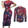 Personalized Melbourne Demons Football Mascot Couples Matching Short Sleeve Bodycon Dress and Long Sleeve Button Shirt Aboriginal Dot Art Style Vibrant Indigenous Pattern Design