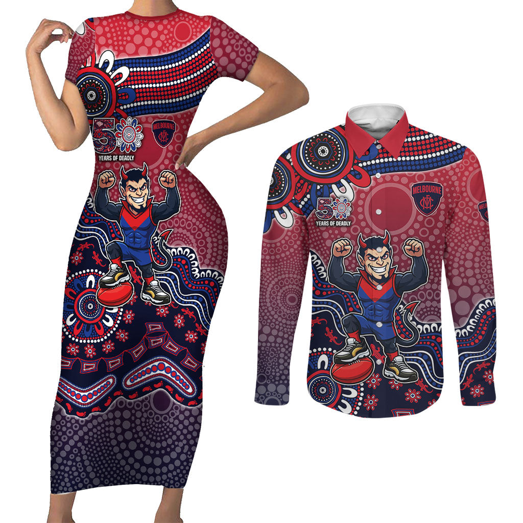 Personalized Melbourne Demons Football Mascot Couples Matching Short Sleeve Bodycon Dress and Long Sleeve Button Shirt Aboriginal Dot Art Style Vibrant Indigenous Pattern Design