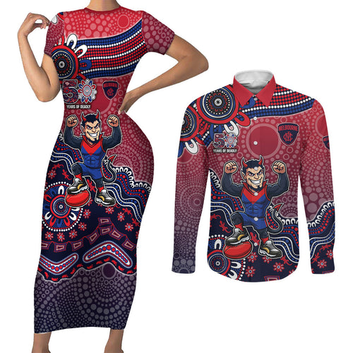Personalized Melbourne Demons Football Mascot Couples Matching Short Sleeve Bodycon Dress and Long Sleeve Button Shirt Aboriginal Dot Art Style Vibrant Indigenous Pattern Design
