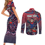 Personalized Melbourne Demons Football Mascot Couples Matching Short Sleeve Bodycon Dress and Long Sleeve Button Shirt Aboriginal Dot Art Style Vibrant Indigenous Pattern Design
