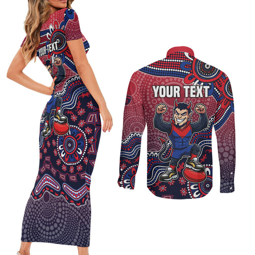 Personalized Melbourne Demons Football Mascot Couples Matching Short Sleeve Bodycon Dress and Long Sleeve Button Shirt Aboriginal Dot Art Style Vibrant Indigenous Pattern Design
