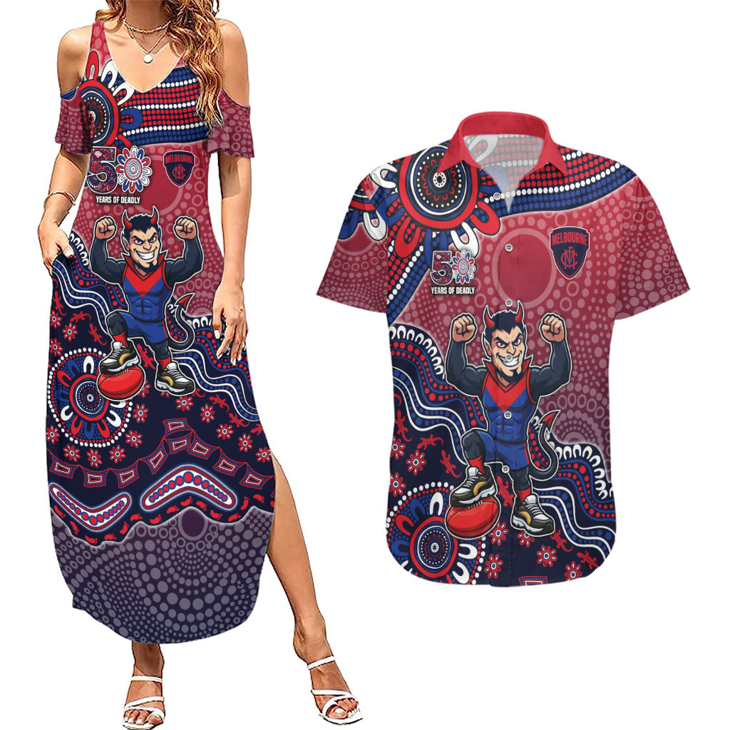 Personalized Melbourne Demons Football Mascot Couples Matching Summer Maxi Dress and Hawaiian Shirt Aboriginal Dot Art Style Vibrant Indigenous Pattern Design